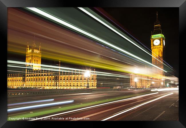 Big Ben and London Bus at Night Framed Print by Andrew Berry