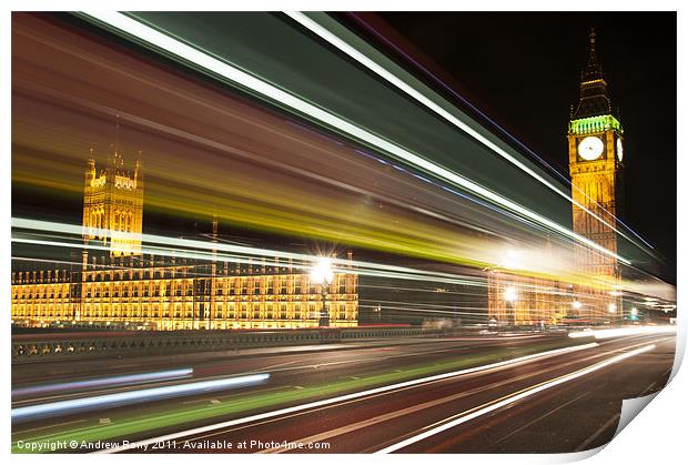 Big Ben and London Bus at Night Print by Andrew Berry