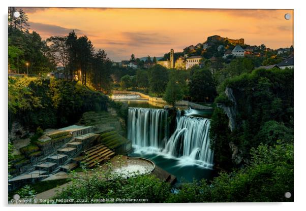 Waterfall in city of Jajce, Bosnia and Hercegovina. Acrylic by Sergey Fedoskin