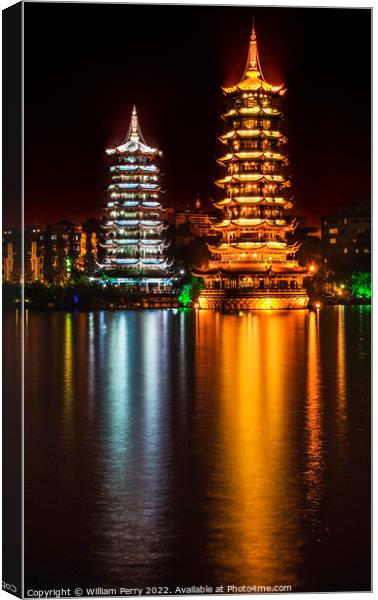 Gold Silver Pagodas Night Illuminated Guilin China Canvas Print by William Perry