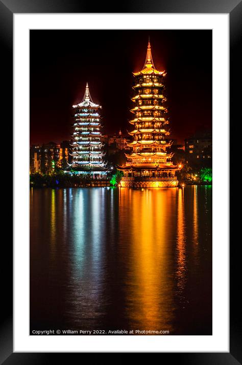 Gold Silver Pagodas Night Illuminated Guilin China Framed Mounted Print by William Perry