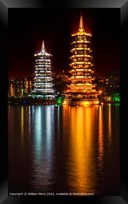 Gold Silver Pagodas Night Illuminated Guilin China Framed Print by William Perry