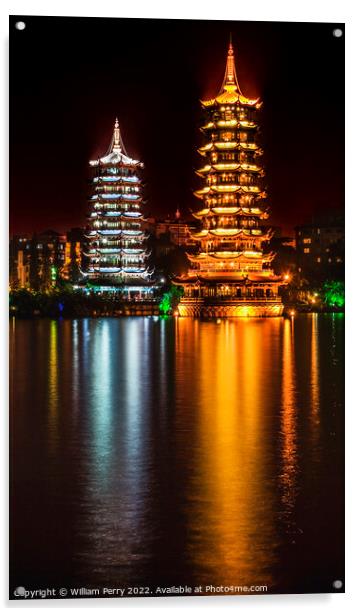 Gold Silver Pagodas Night Illuminated Guilin China Acrylic by William Perry