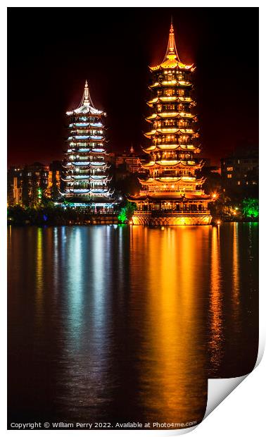 Gold Silver Pagodas Night Illuminated Guilin China Print by William Perry