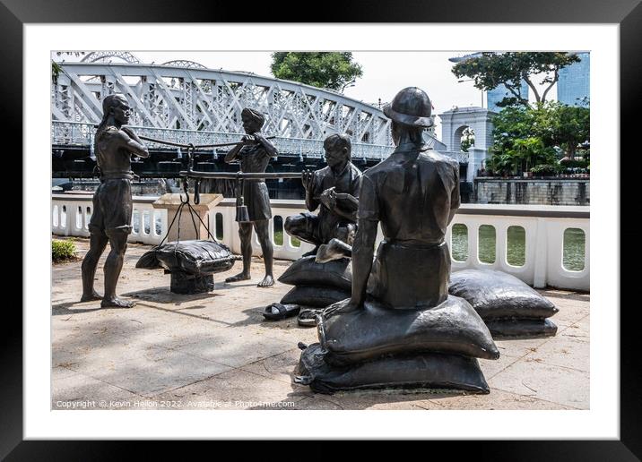 Bronze sculptures on Boat Quay Singapore Framed Mounted Print by Kevin Hellon