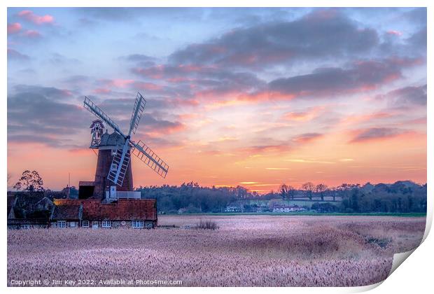 A Glowing Sunset over Cley Windmill Print by Jim Key
