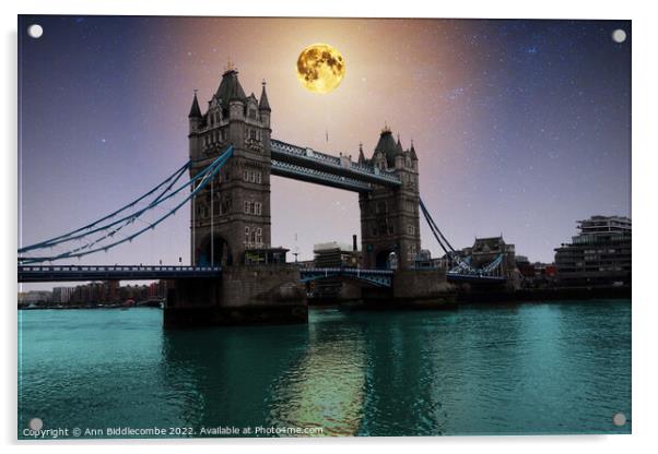 Moon lit night over Tower bridge Acrylic by Ann Biddlecombe