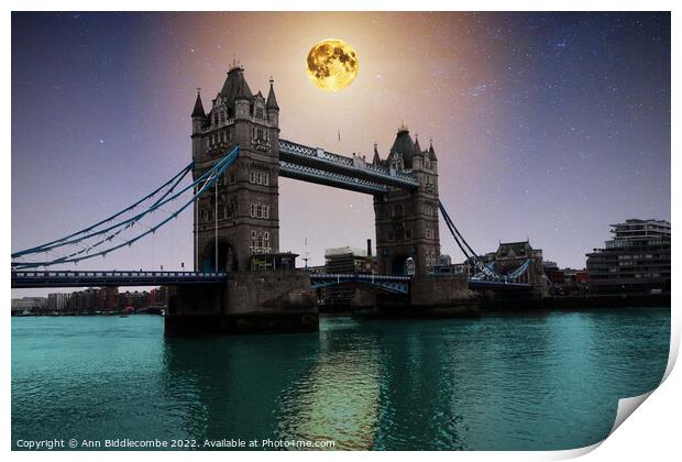 Moon lit night over Tower bridge Print by Ann Biddlecombe