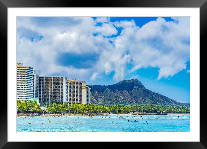 Colorful Waikiki Beach Surfers Swimmers Diamond Head Honolulu Ha Framed Mounted Print by William Perry