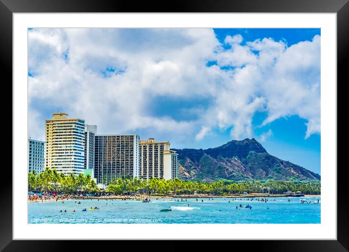 Colorful Waikiki Beach Surfers Swimmers Diamond Head Honolulu Ha Framed Mounted Print by William Perry