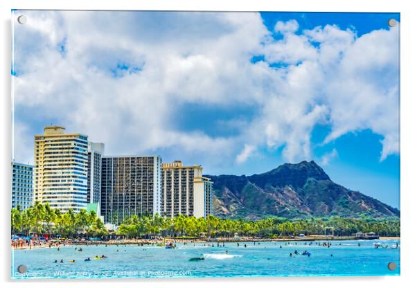 Colorful Waikiki Beach Surfers Swimmers Diamond Head Honolulu Ha Acrylic by William Perry