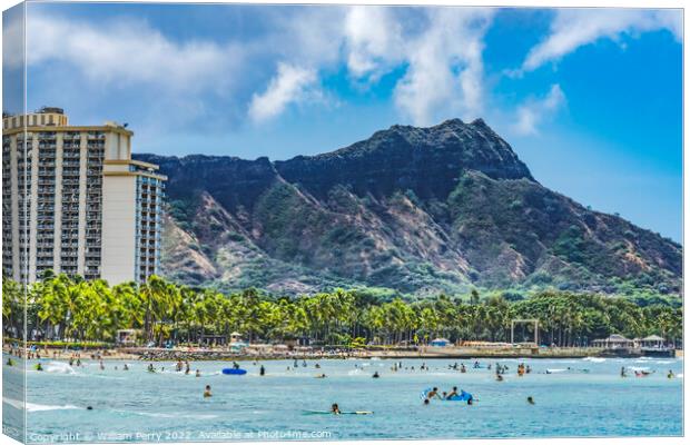 Colorful Waikiki Beach Surfers Swimmers Diamond Head Honolulu Ha Canvas Print by William Perry