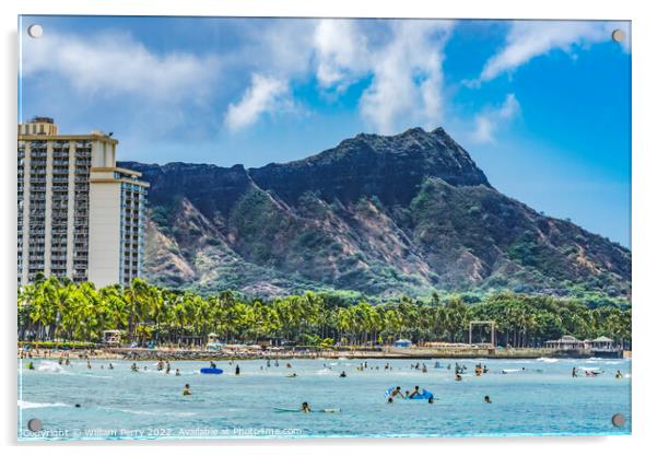 Colorful Waikiki Beach Surfers Swimmers Diamond Head Honolulu Ha Acrylic by William Perry