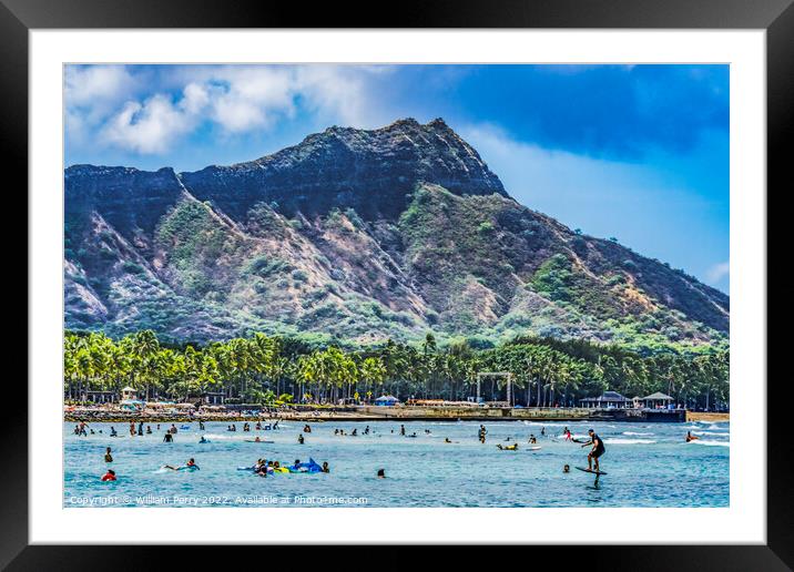 Colorful Waikiki Beach Diamond Head Hydrofoil Surfer Swimmers Ho Framed Mounted Print by William Perry