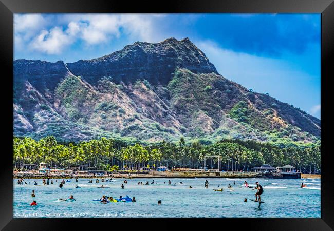 Colorful Waikiki Beach Diamond Head Hydrofoil Surfer Swimmers Ho Framed Print by William Perry