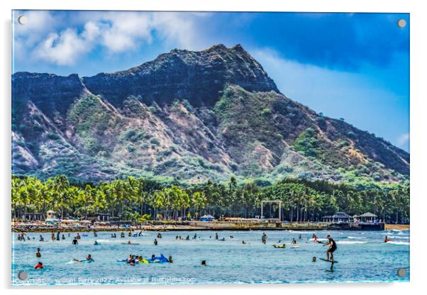 Colorful Waikiki Beach Diamond Head Hydrofoil Surfer Swimmers Ho Acrylic by William Perry