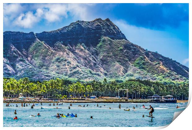 Colorful Waikiki Beach Diamond Head Hydrofoil Surfer Swimmers Ho Print by William Perry