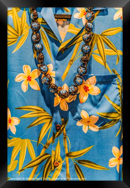Hawaiian Shirt Kukui Beads Necklace Waikiki Honolulu Hawaii Framed Print by William Perry