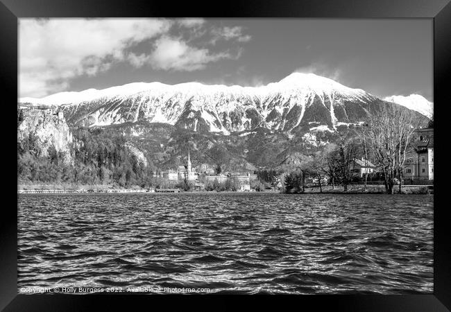 Bled Black and White of the snow cap Mountains in Slovenian Framed Print by Holly Burgess