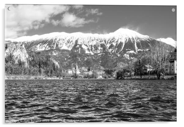 Bled Black and White of the snow cap Mountains in Slovenian Acrylic by Holly Burgess