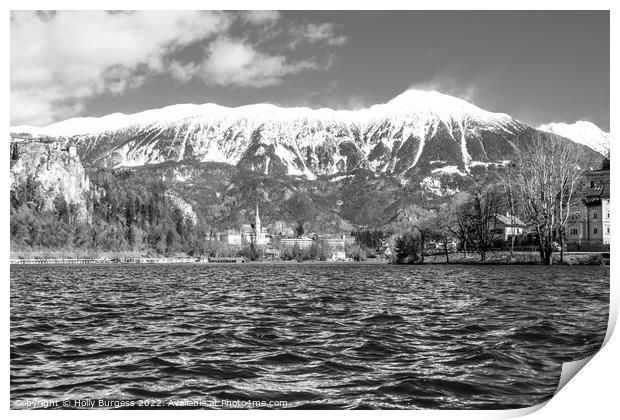Bled Black and White of the snow cap Mountains in Slovenian Print by Holly Burgess