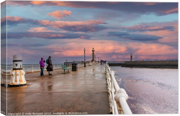 Whitby Pier a wet day with a beautiful sunset after wards  Canvas Print by Holly Burgess