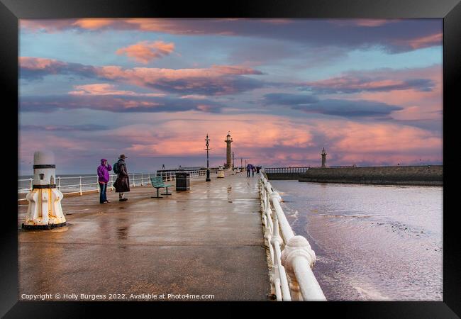 Whitby Pier a wet day with a beautiful sunset after wards  Framed Print by Holly Burgess