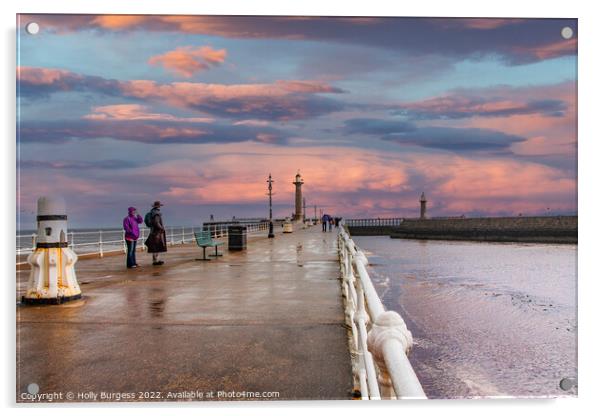 Whitby Pier a wet day with a beautiful sunset after wards  Acrylic by Holly Burgess