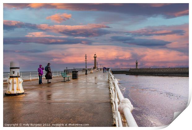 Whitby Pier a wet day with a beautiful sunset after wards  Print by Holly Burgess