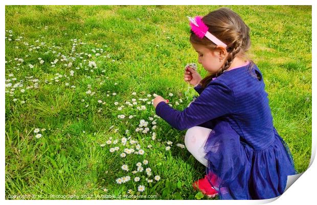 A little girl that is standing in the grass and picking flowers Print by M. J. Photography