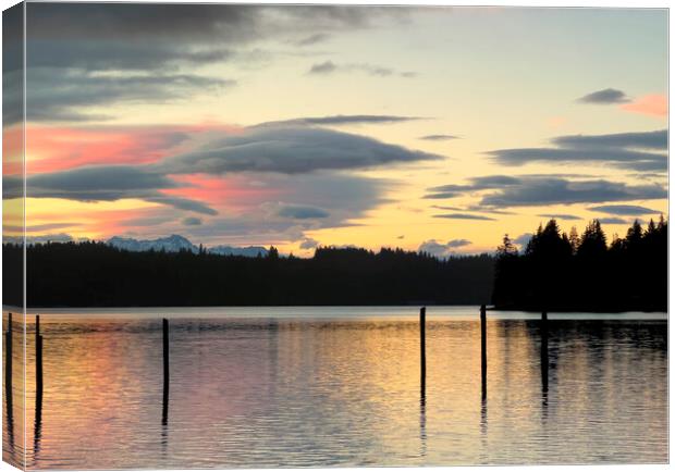 Puget Sound sunset with lovely pink and golden clouds including  Canvas Print by Thomas Baker