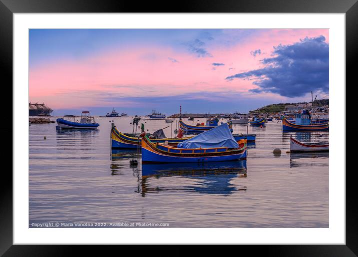 Traditional Maltese boats in Marsaxlokk Framed Mounted Print by Maria Vonotna