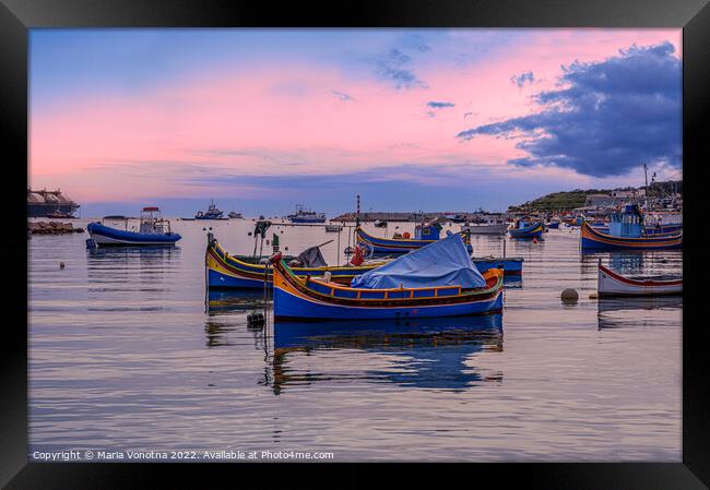 Traditional Maltese boats in Marsaxlokk Framed Print by Maria Vonotna