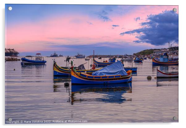 Traditional Maltese boats in Marsaxlokk Acrylic by Maria Vonotna