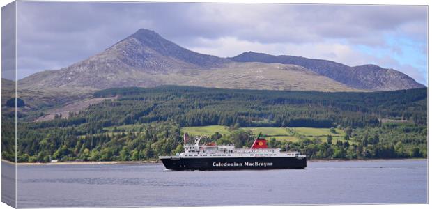 Cal Mac ferry and Goat Fell Canvas Print by Allan Durward Photography