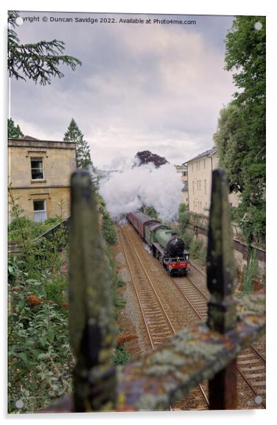 Mayflower steam train through the railings  Acrylic by Duncan Savidge