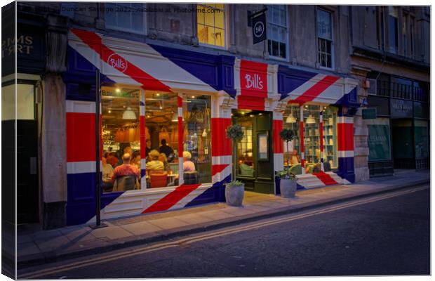 Bill's restaurant at dusk decorated in the Great Britain flag  Canvas Print by Duncan Savidge