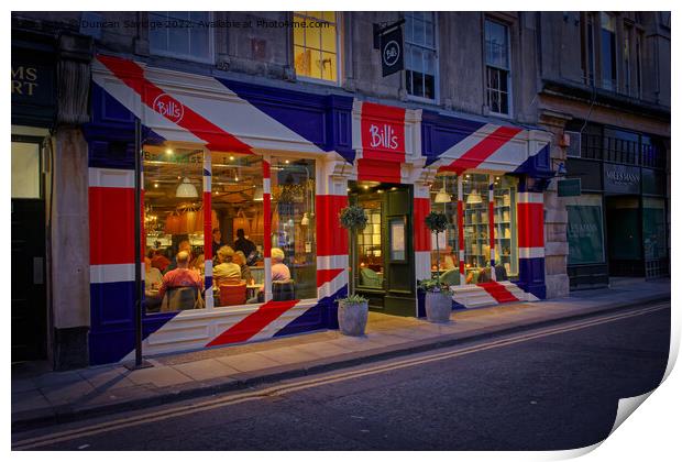 Bill's restaurant at dusk decorated in the Great Britain flag  Print by Duncan Savidge