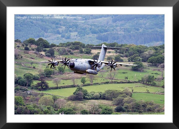 A400 Military Aircraft flying low level in Wales Framed Mounted Print by Mark Dunn