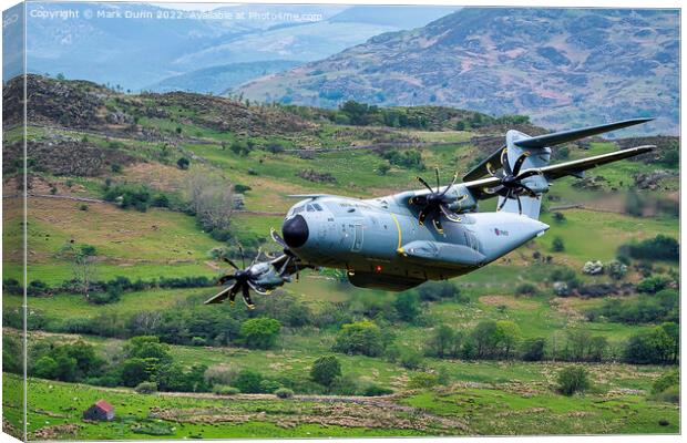 A400 Military Aircraft flying low level in Wales Canvas Print by Mark Dunn