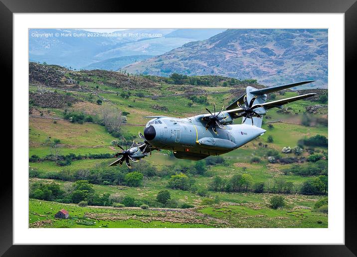 A400 Military Aircraft flying low level in Wales Framed Mounted Print by Mark Dunn
