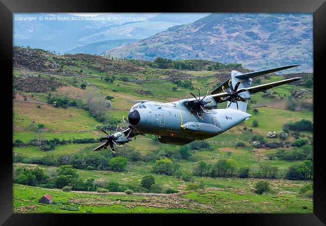 A400 Military Aircraft flying low level in Wales Framed Print by Mark Dunn