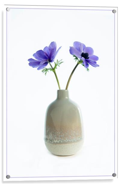 Blue anemonies in ceramic vase. Acrylic by Robert Murray