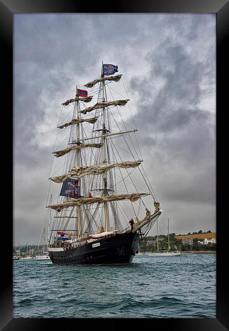 Tall Ship sailing in Cornwall Framed Print by kathy white