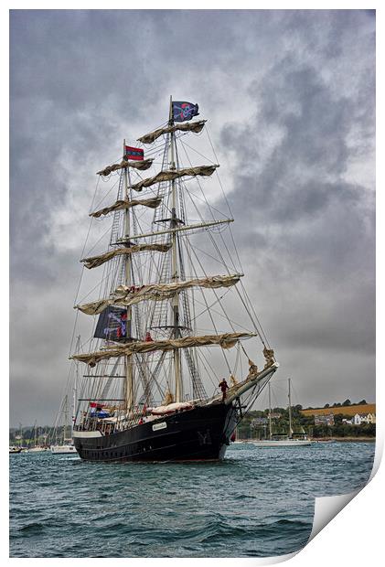 Tall Ship sailing in Cornwall Print by kathy white