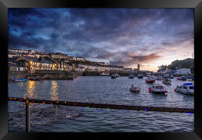 Porthleven Harbour Cornwall at night Framed Print by kathy white