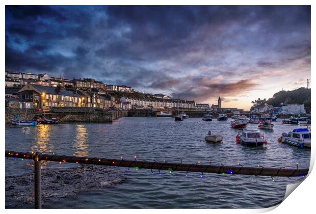 Porthleven Harbour Cornwall at night Print by kathy white