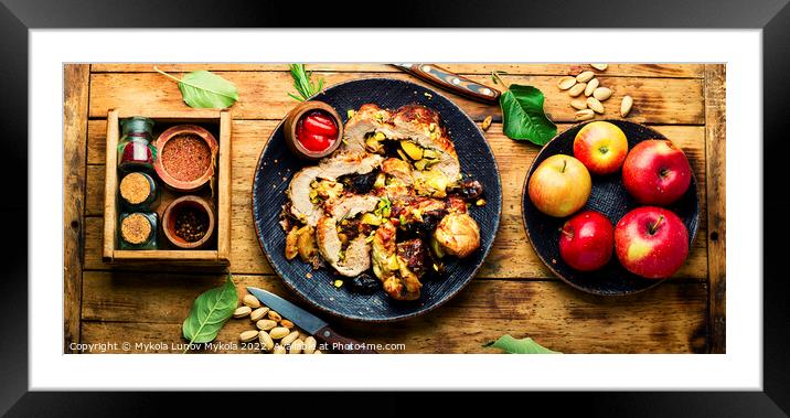 Meatloaf with dates and apples on wooden table Framed Mounted Print by Mykola Lunov Mykola