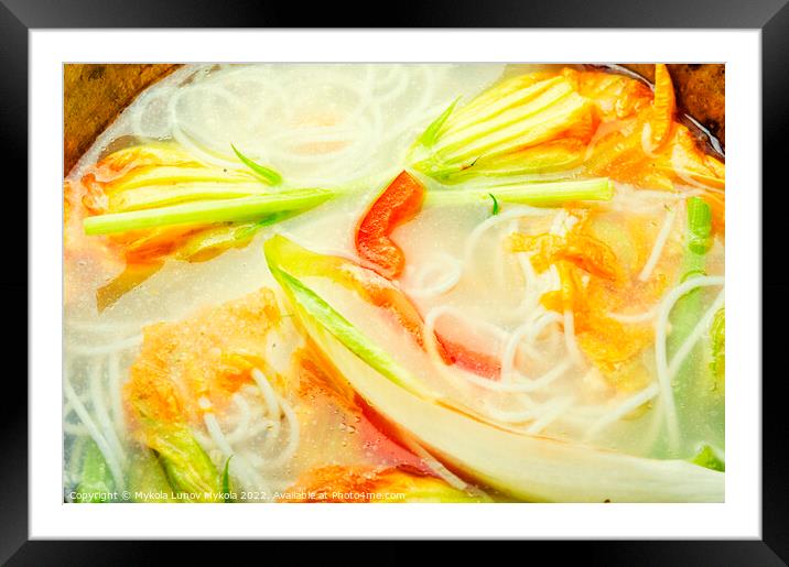 Rice noodle soup with pumpkin flowers Framed Mounted Print by Mykola Lunov Mykola