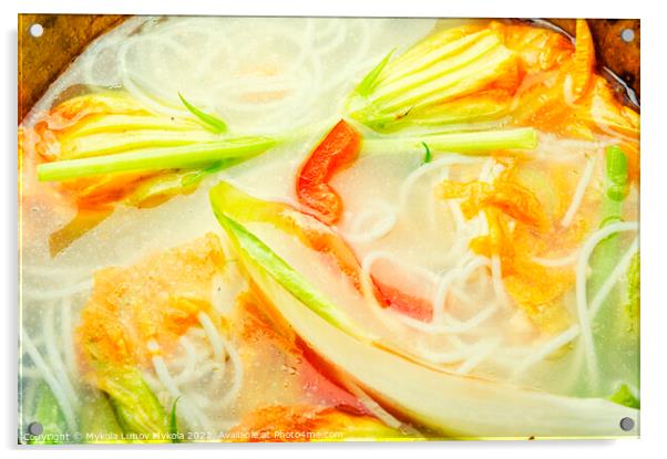 Rice noodle soup with pumpkin flowers Acrylic by Mykola Lunov Mykola